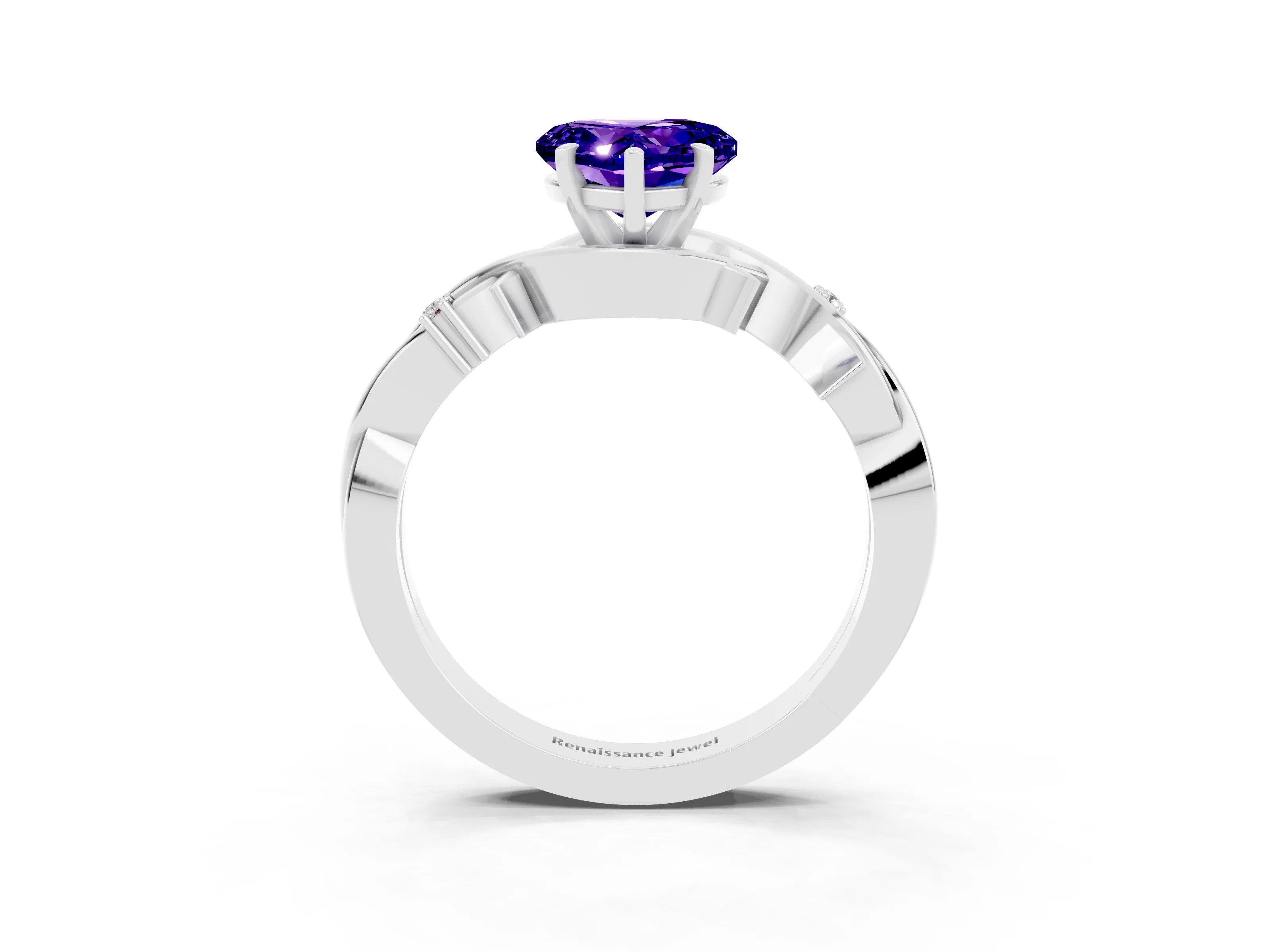 White gold Heart Cut Tanzanite Solitaire Ring with Twisted Band and Prong Setting_15