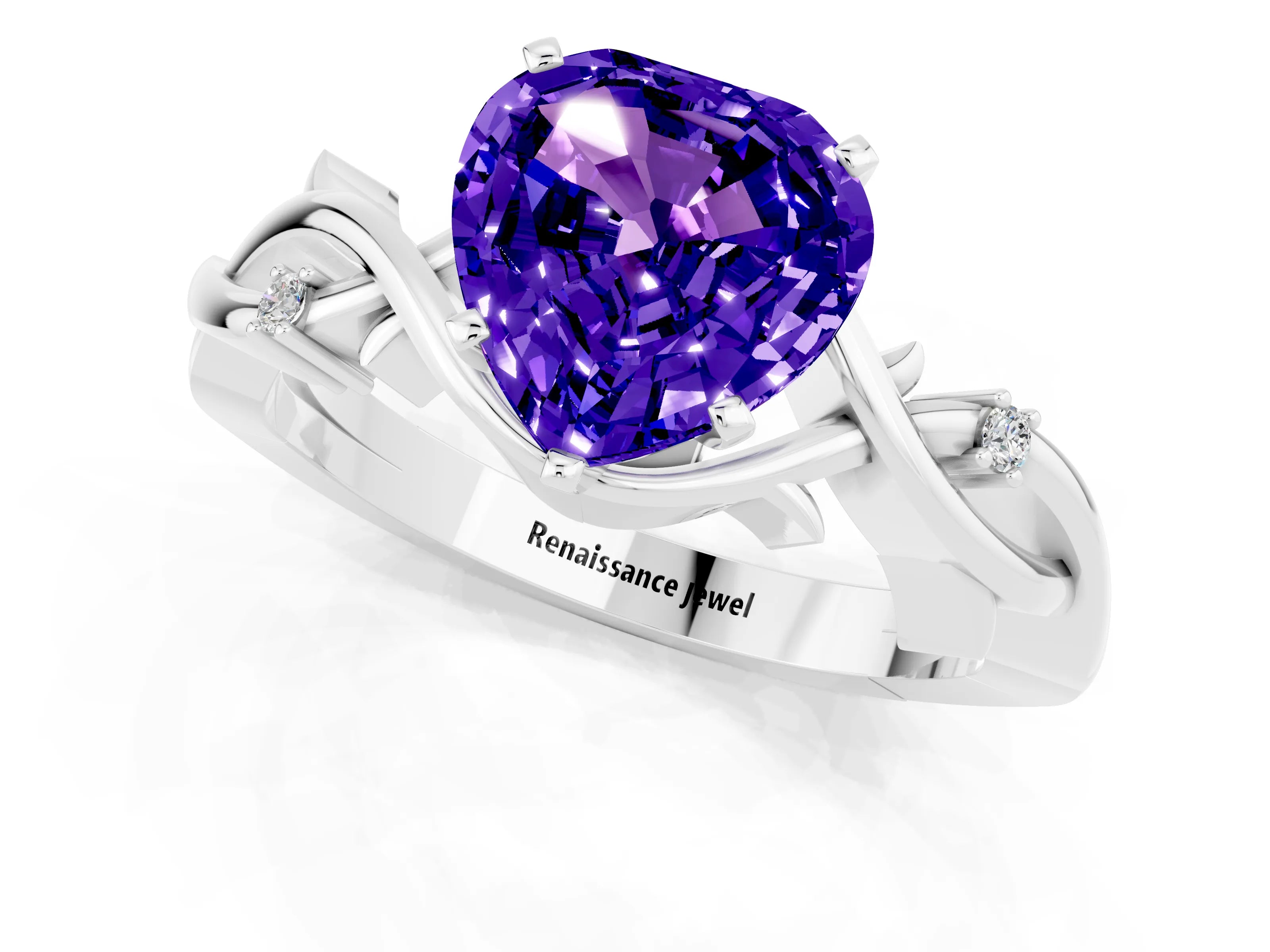 White gold Heart Cut Tanzanite Solitaire Ring with Twisted Band and Prong Setting_1