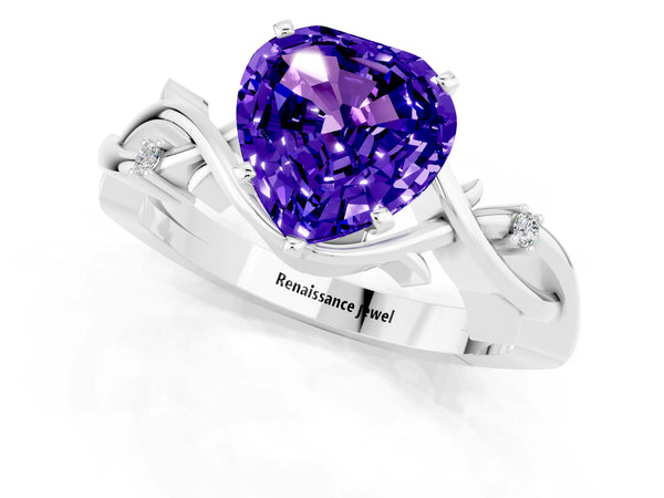 Silver Heart Cut Tanzanite Solitaire Ring with Twisted Band and Prong Setting