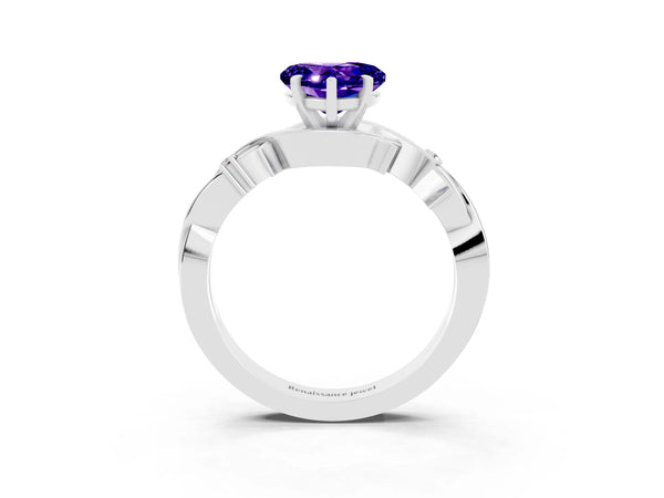 Platinum Heart Cut Tanzanite Solitaire Ring with Twisted Band and Prong Setting