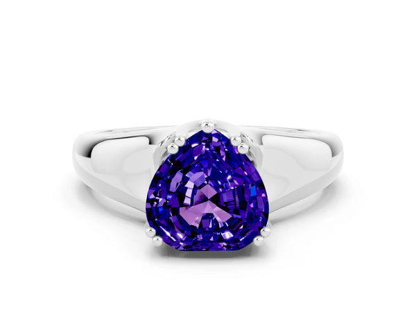 Platinum Heart Cut Tanzanite Solitaire Ring with Wide Band and Prong Setting