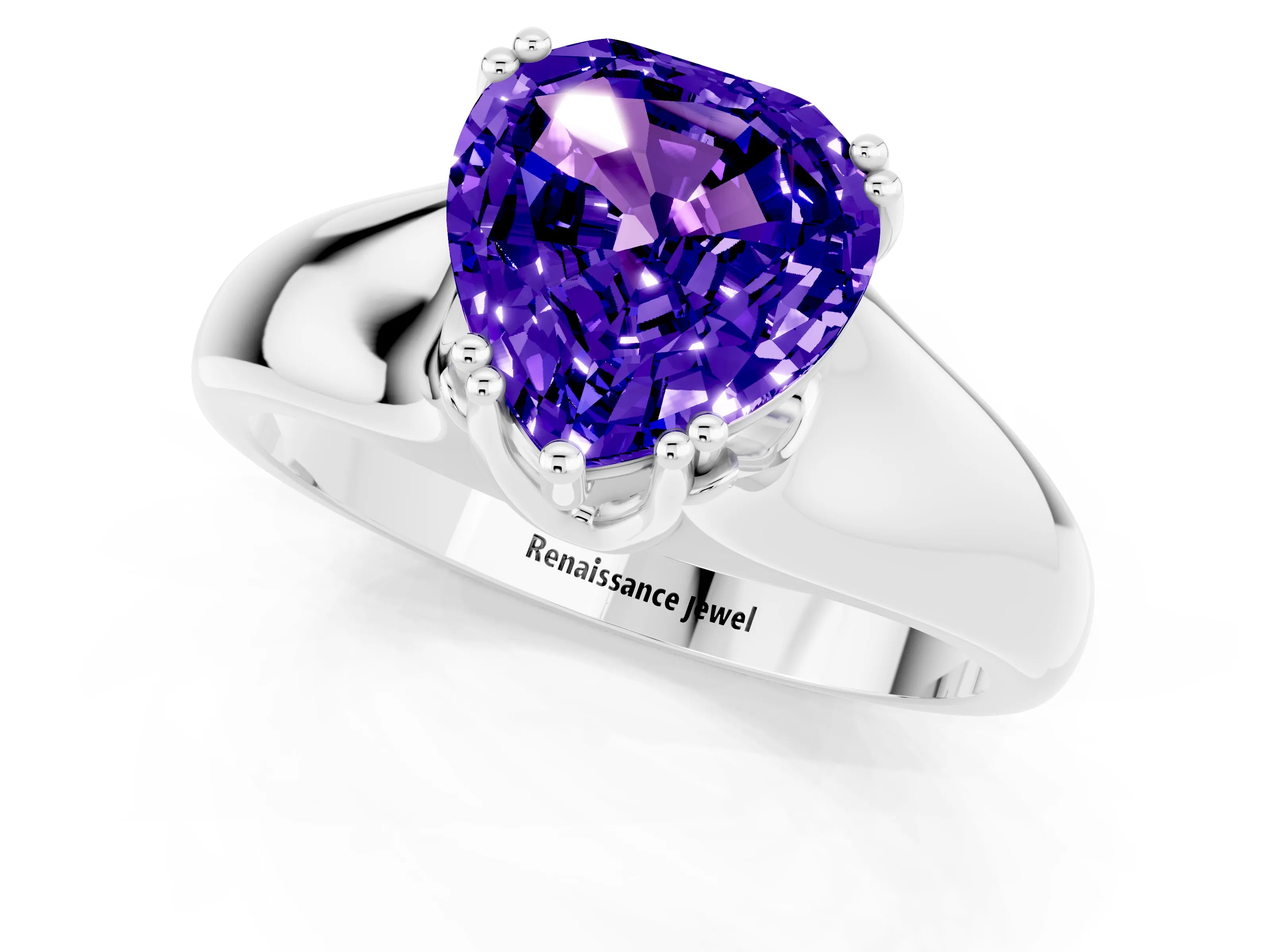 White gold Heart Cut Tanzanite Solitaire Ring with Wide Band and Prong Setting_1