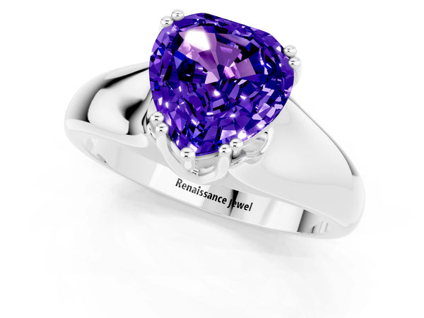 Silver Heart Cut Tanzanite Solitaire Ring with Wide Band and Prong Setting