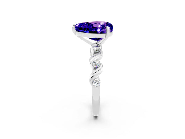 Silver Heart Cut Tanzanite Solitaire Twisted Band with Round  Accents and Prong Setting