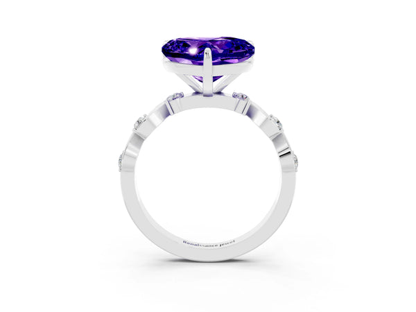 Silver Heart Cut Tanzanite Solitaire Twisted Band with Round  Accents and Prong Setting