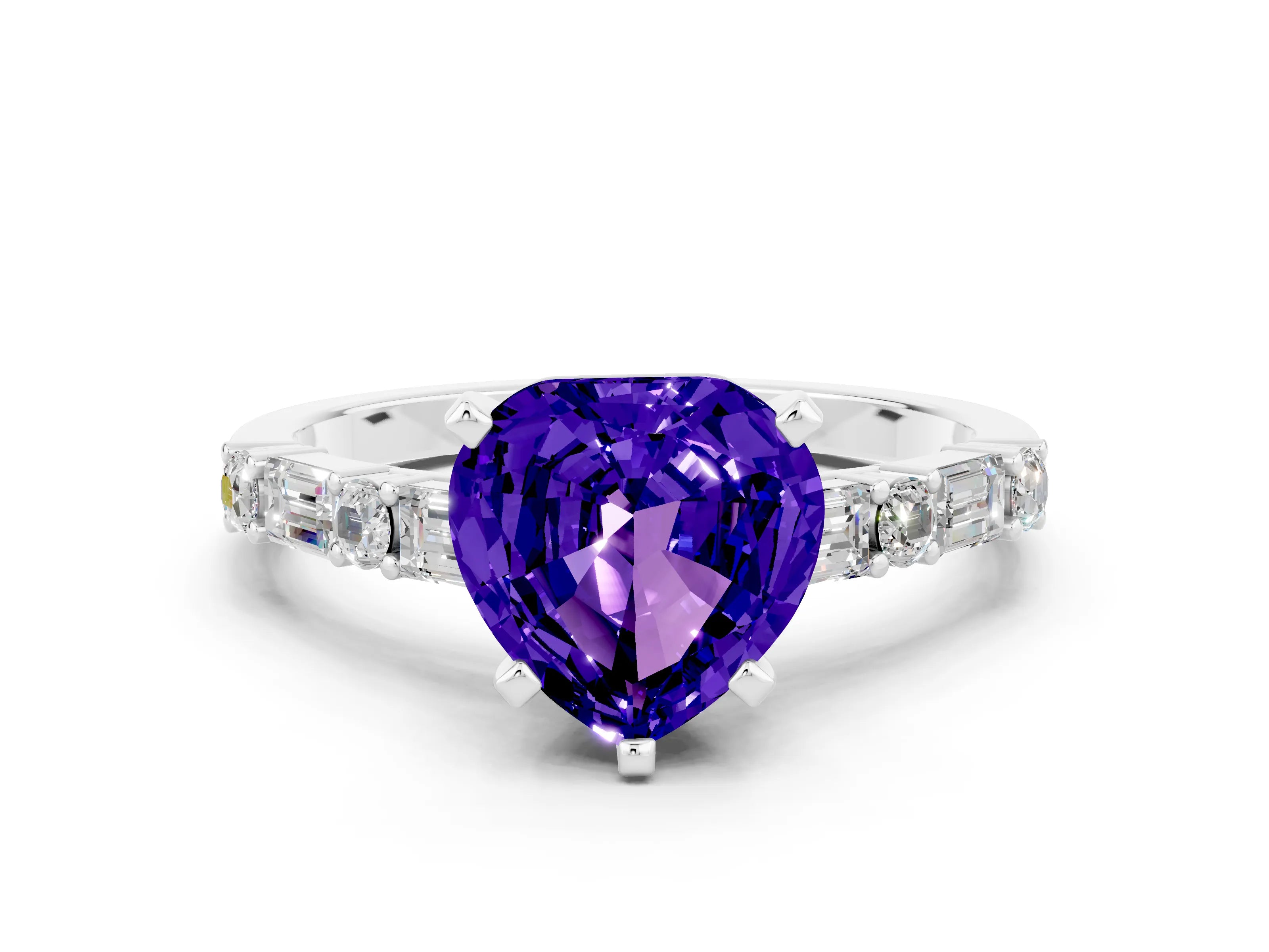 White gold Heart Cut Tanzanite Solitaire with Side Baguettes and Channel Set Band