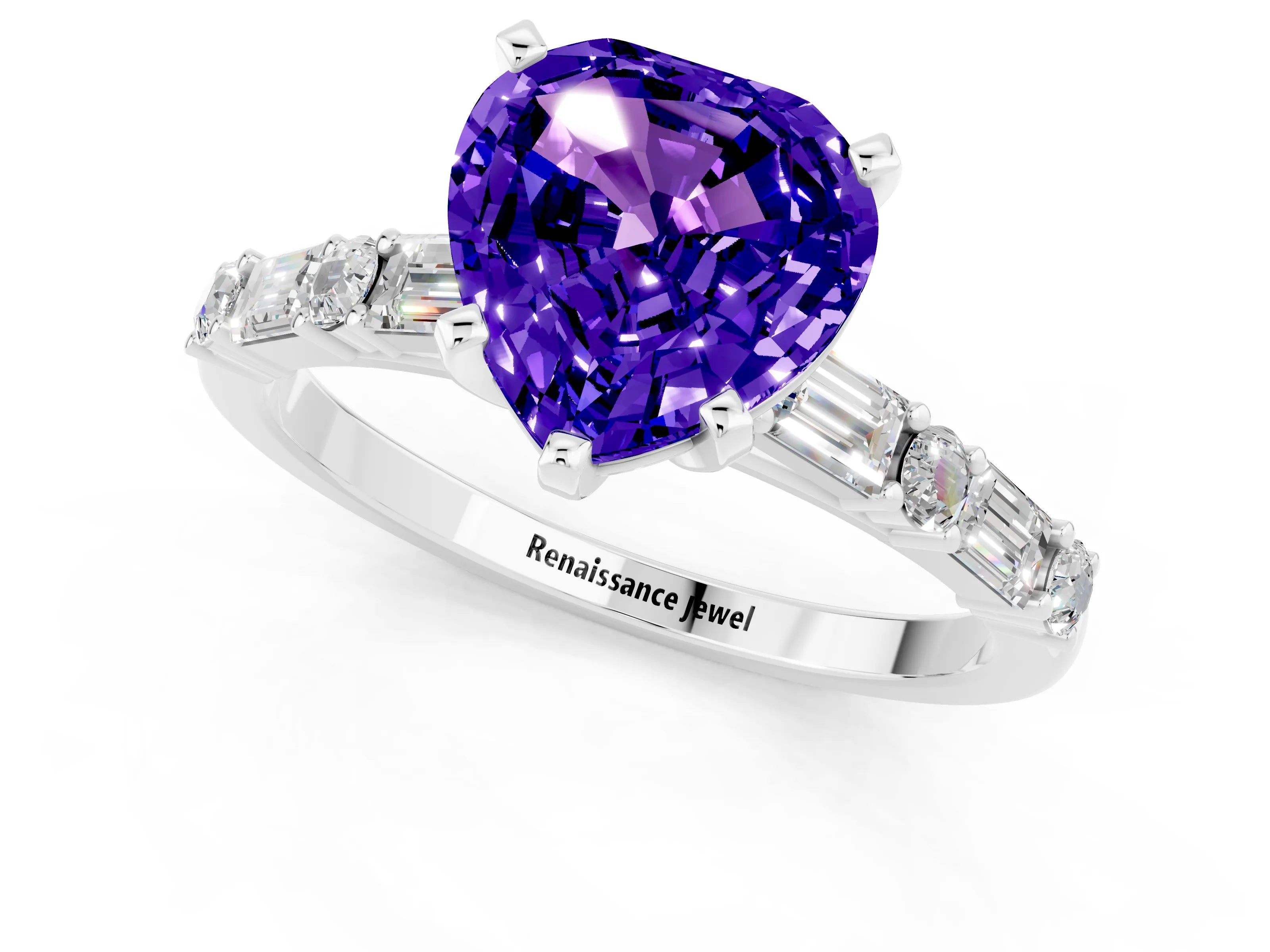 White gold Heart Cut Tanzanite Solitaire with Side Baguettes and Channel Set Band_1