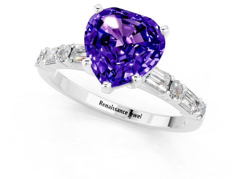 White gold Heart Cut Tanzanite Solitaire with Side Baguettes and Channel Set Band_1