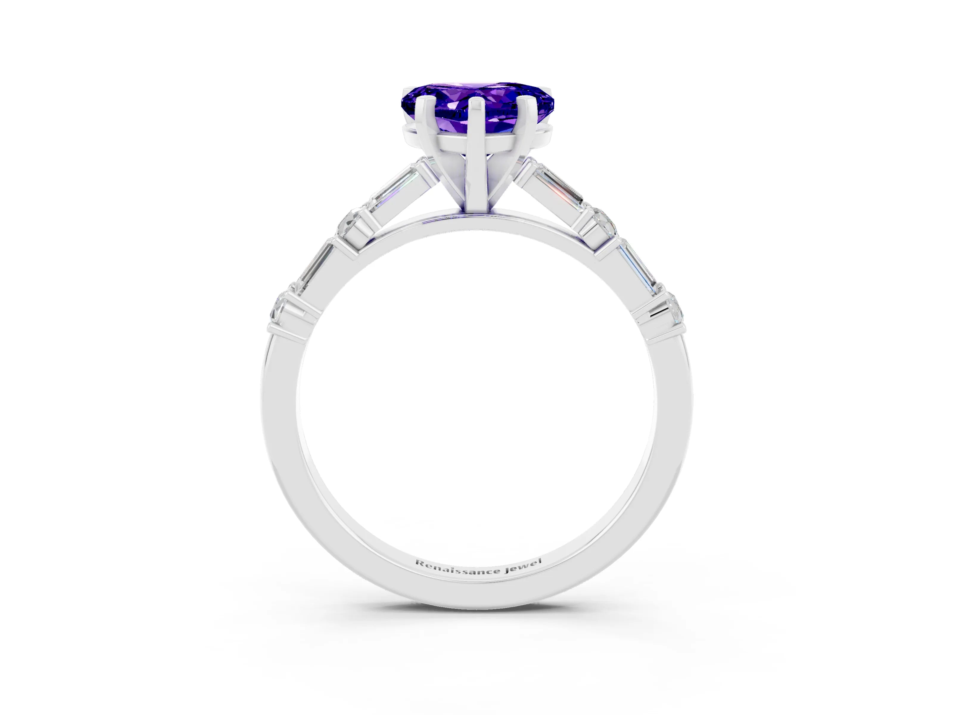 White gold Heart Cut Tanzanite Solitaire with Side Baguettes and Channel Set Band_3