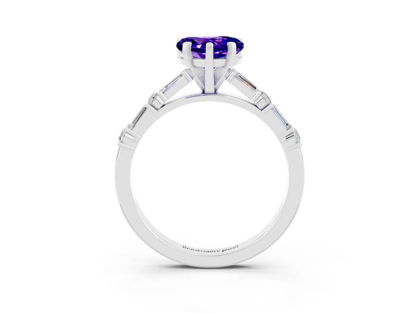 Platinum Heart Cut Tanzanite Solitaire with Side Baguettes and Channel Set Band
