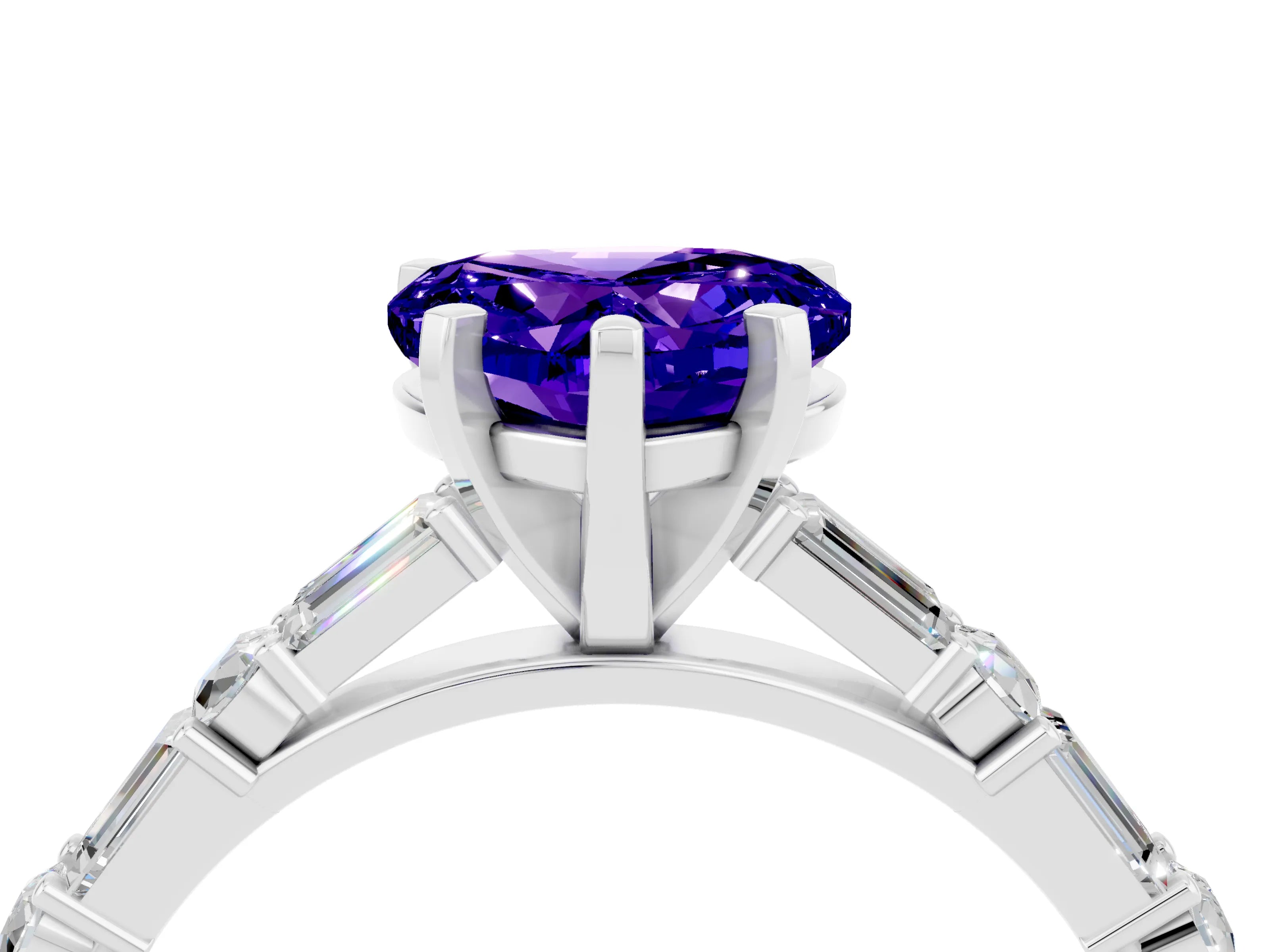 White gold Heart Cut Tanzanite Solitaire with Side Baguettes and Channel Set Band_4