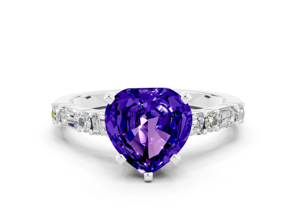 Silver Heart Cut Tanzanite Solitaire with Side Baguettes and Channel Set Band