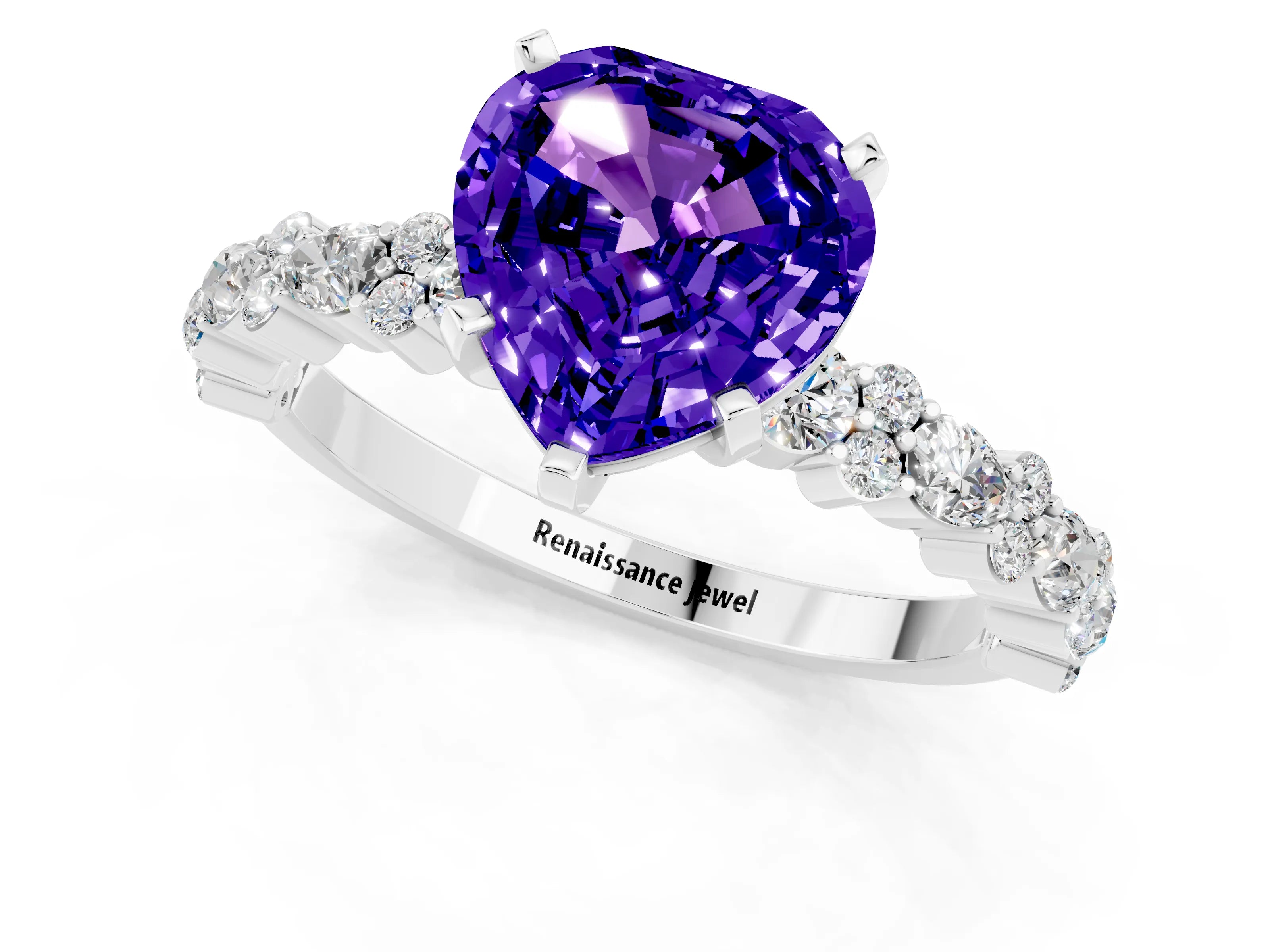 White gold Heart Cut Tanzanite Solitaire with Side Stones, Pave Band, Four-Prong Setting_13