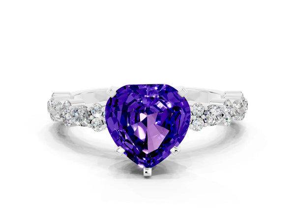 Platinum Heart Cut Tanzanite Side Stone Solitaire Ring with Round  and Four-Prong Setting