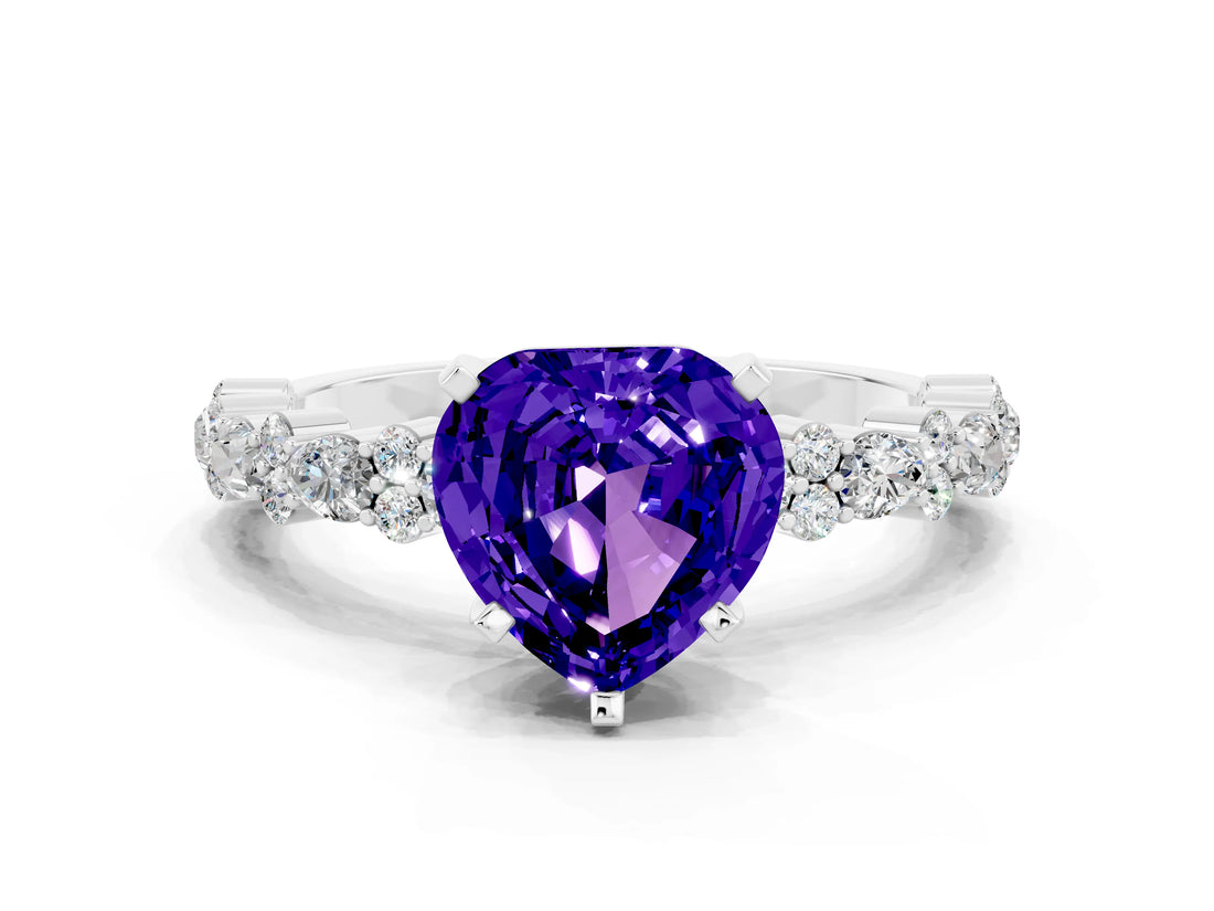 White gold Heart Cut Tanzanite Solitaire with Side Stones, Pave Band, Four-Prong Setting_36