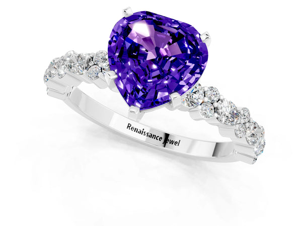 White gold Heart Cut Tanzanite Side Stone Solitaire Ring with Round  and Four-Prong Setting