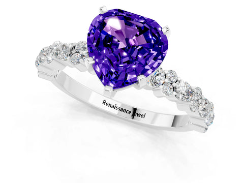 White gold Heart Cut Tanzanite Solitaire with Side Stones, Pave Band, Four-Prong Setting_37