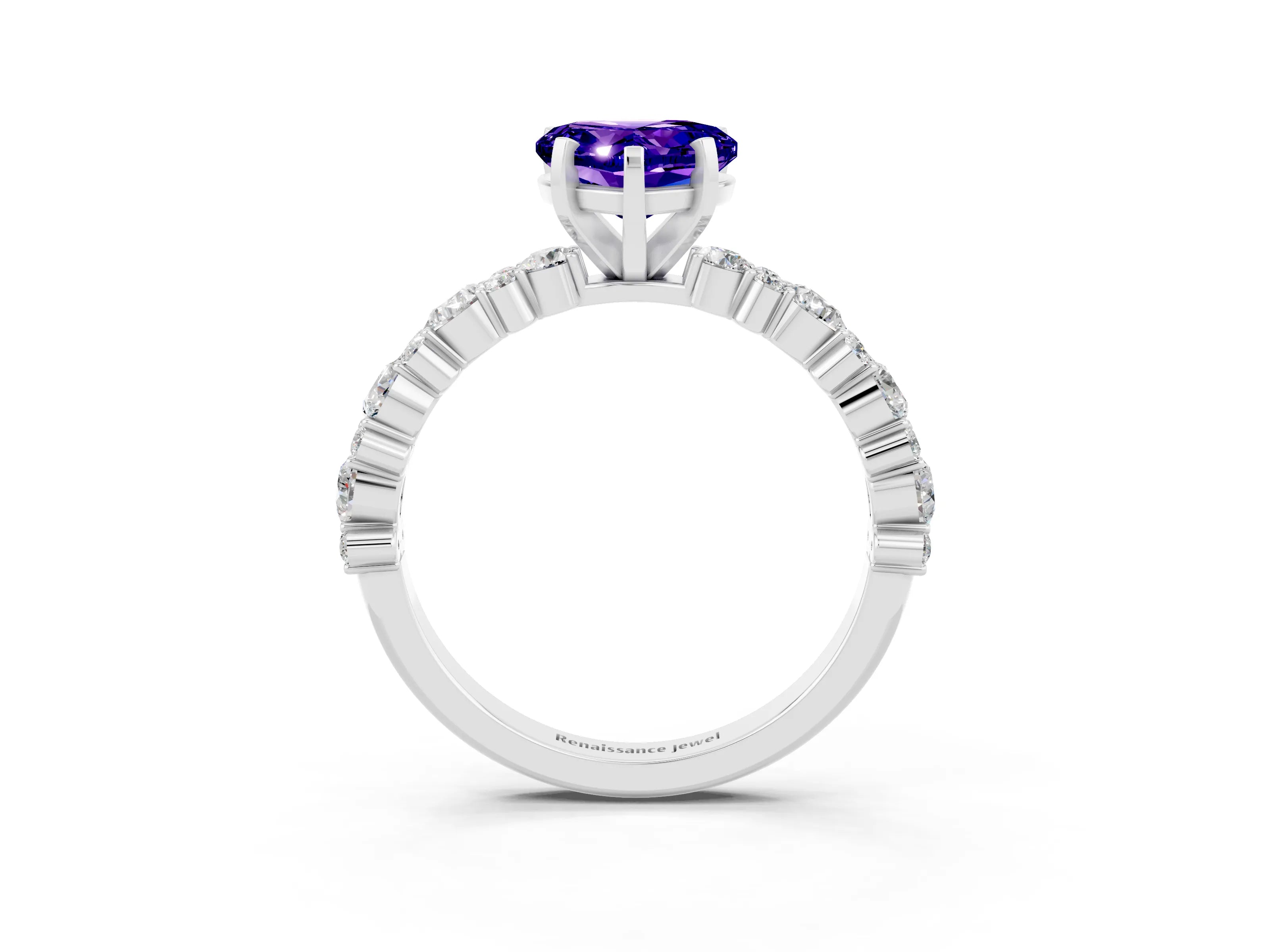 White gold Heart Cut Tanzanite Solitaire with Side Stones, Pave Band, Four-Prong Setting_39