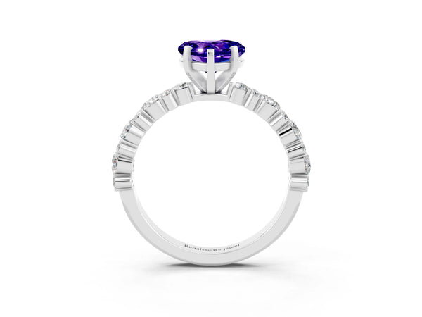 White gold Heart Cut Tanzanite Side Stone Solitaire Ring with Round  and Four-Prong Setting