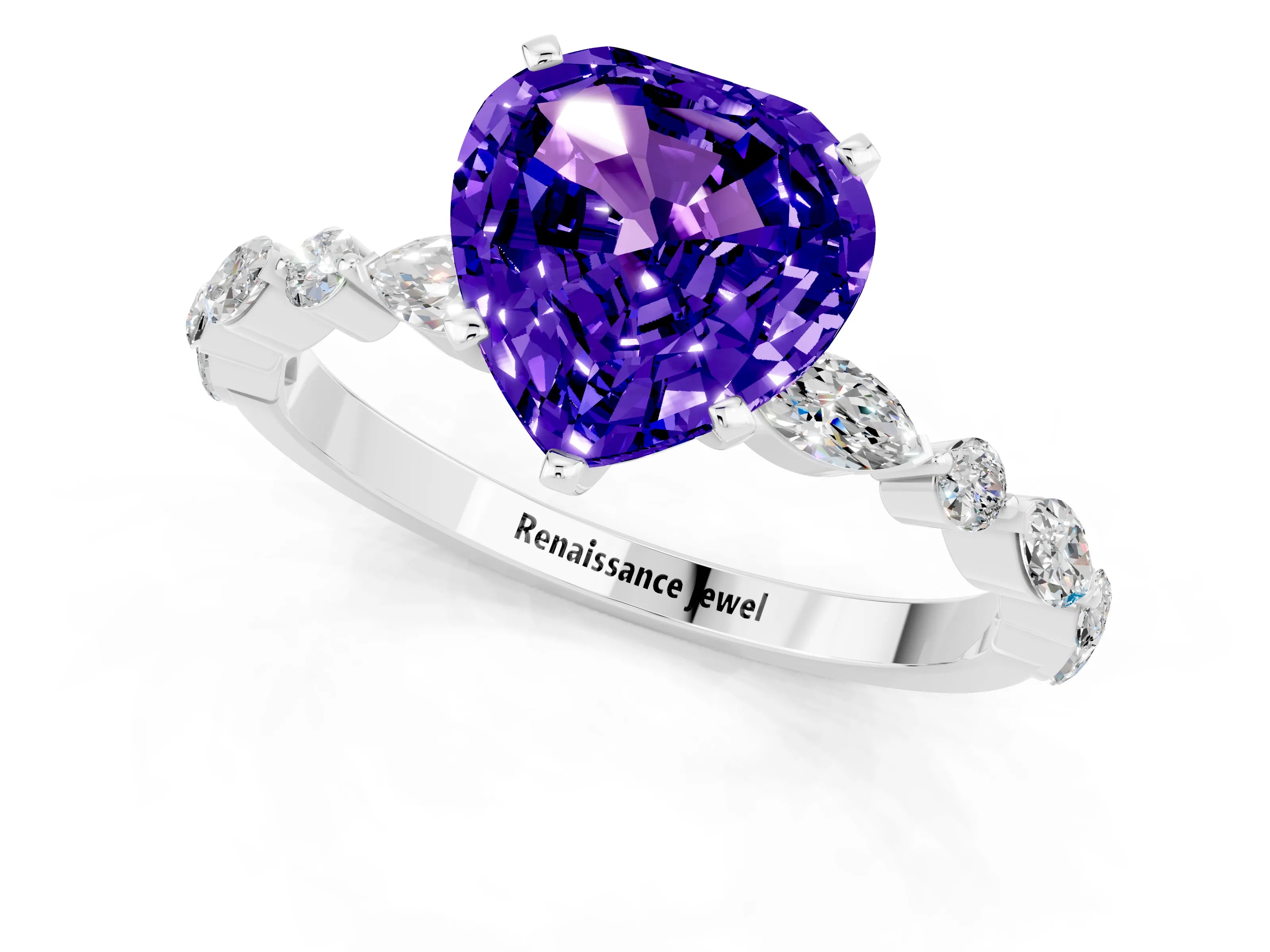 White gold Heart Cut Tanzanite Solitaire with Side Stones on a Pavé Band and Four-Prong Setting_1