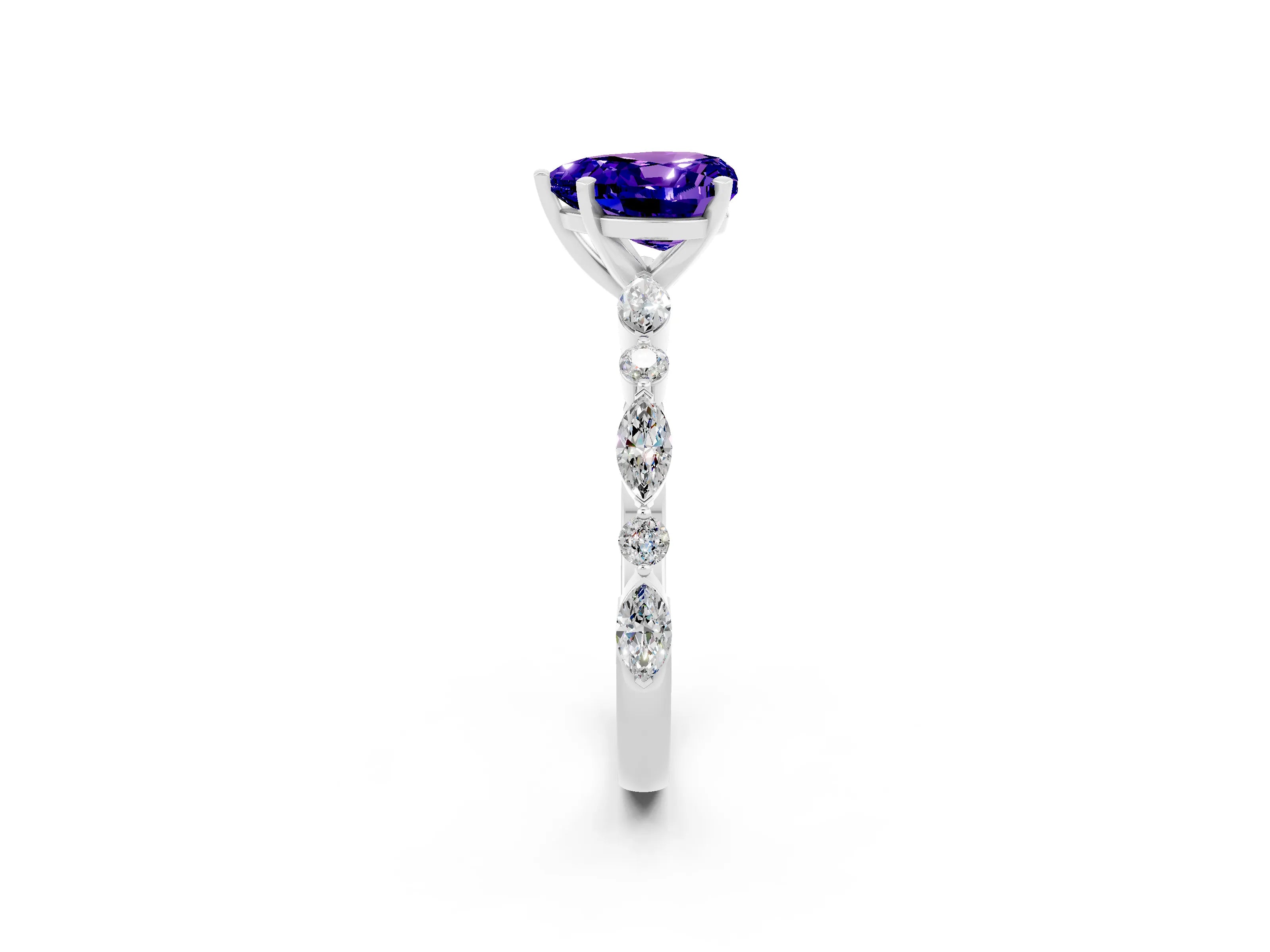 White gold Heart Cut Tanzanite Solitaire with Side Stones on a Pavé Band and Four-Prong Setting_2
