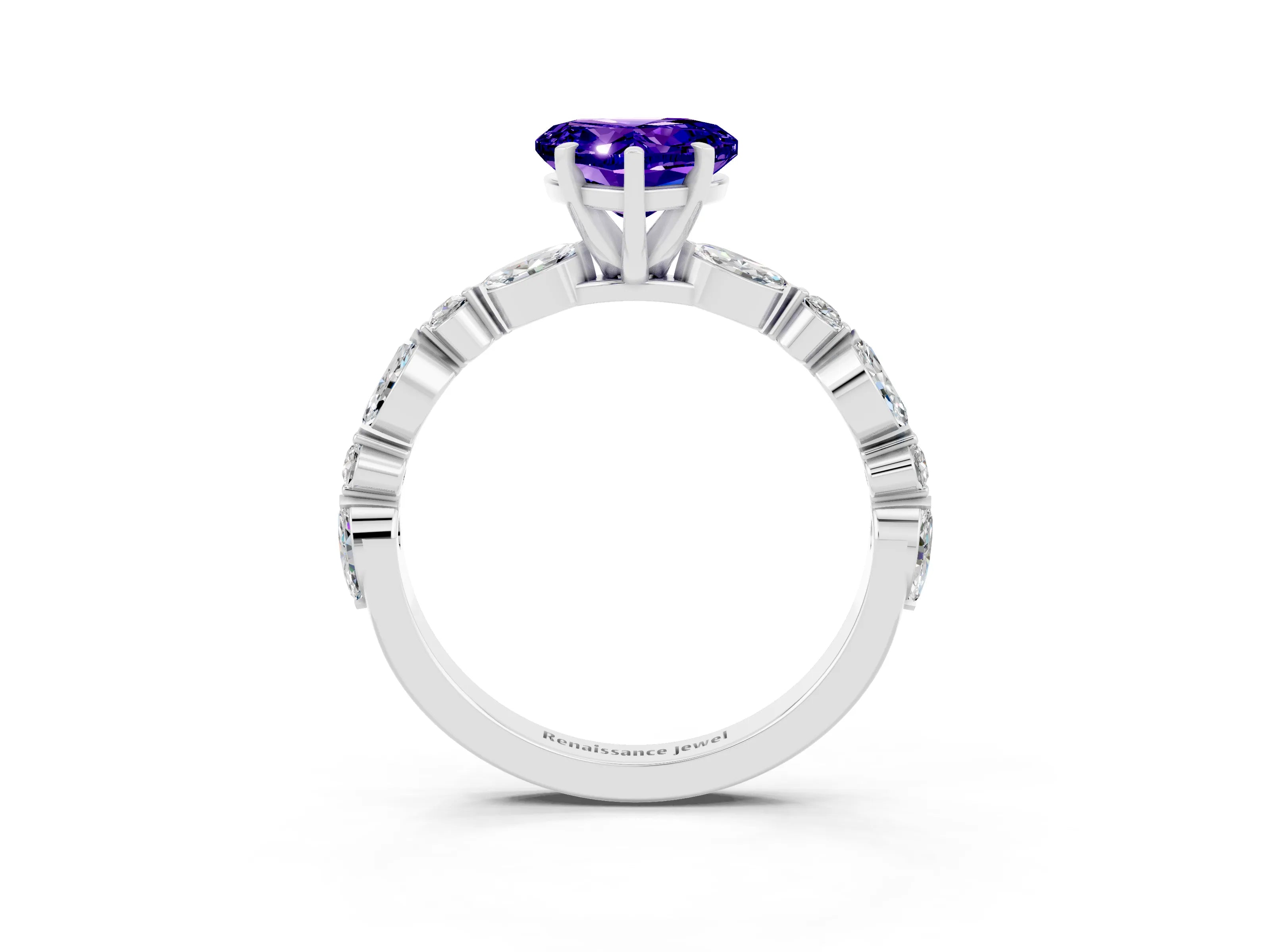 White gold Heart Cut Tanzanite Solitaire with Side Stones on a Pavé Band and Four-Prong Setting_3