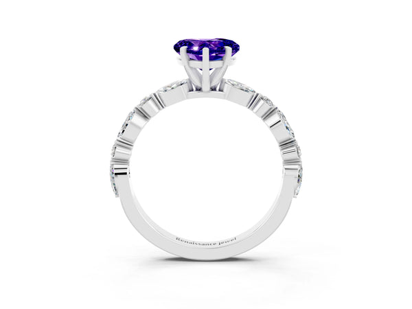 White gold Heart Cut Tanzanite Ring with Marquise and Round  Side Stones and Four-Prong Setting