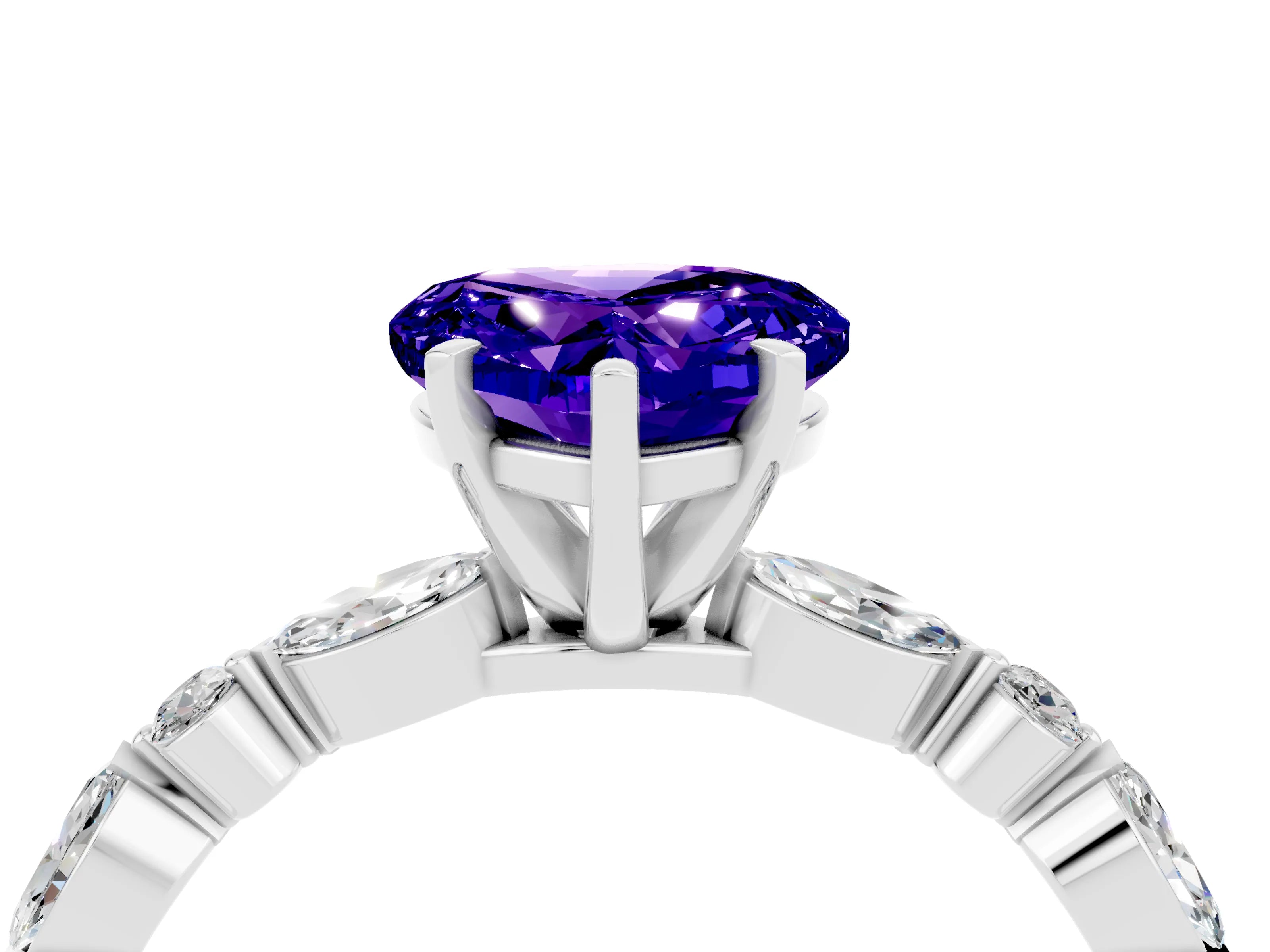 White gold Heart Cut Tanzanite Solitaire with Side Stones on a Pavé Band and Four-Prong Setting_4