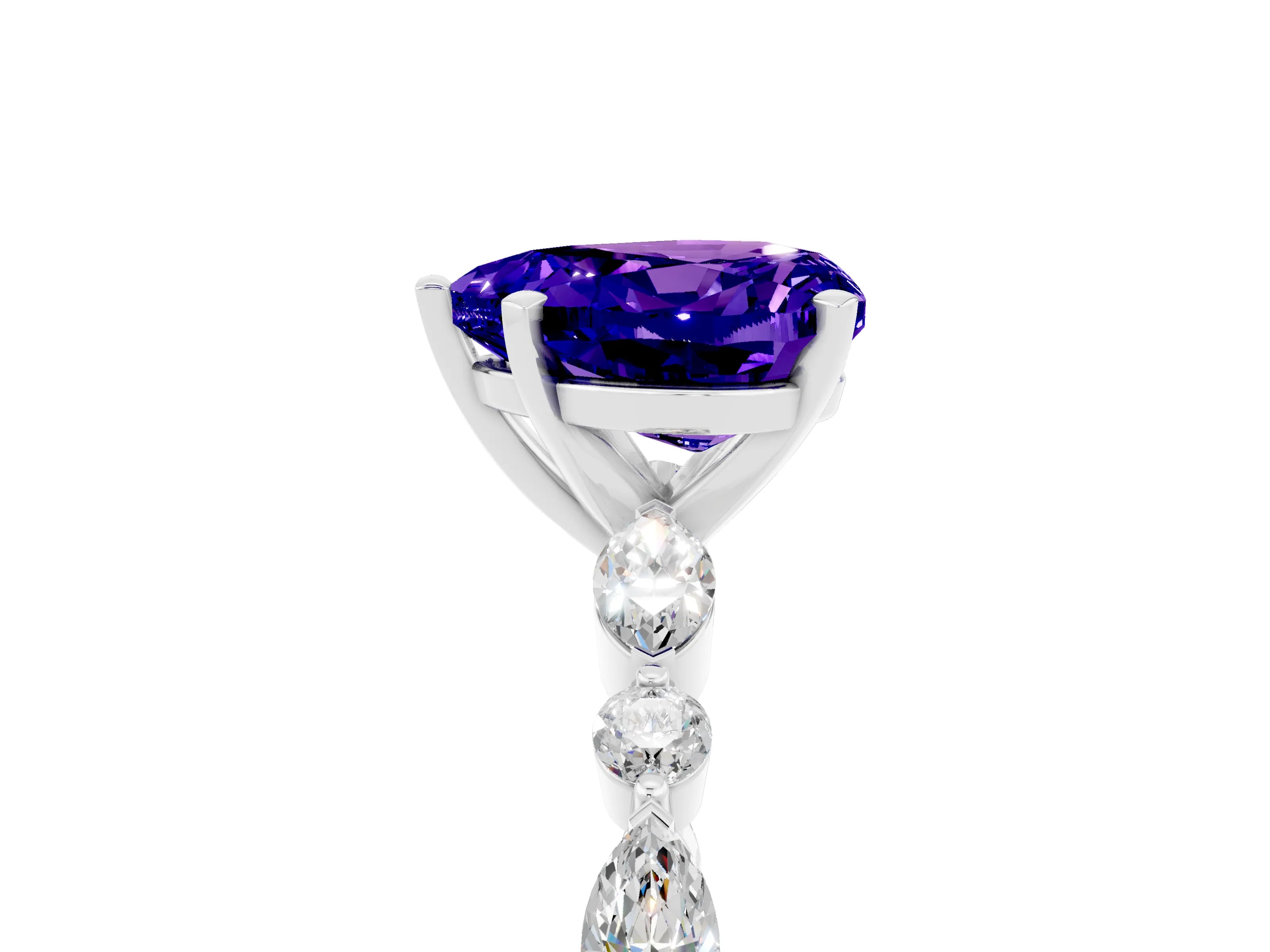 White gold Heart Cut Tanzanite Solitaire with Side Stones on a Pavé Band and Four-Prong Setting_5