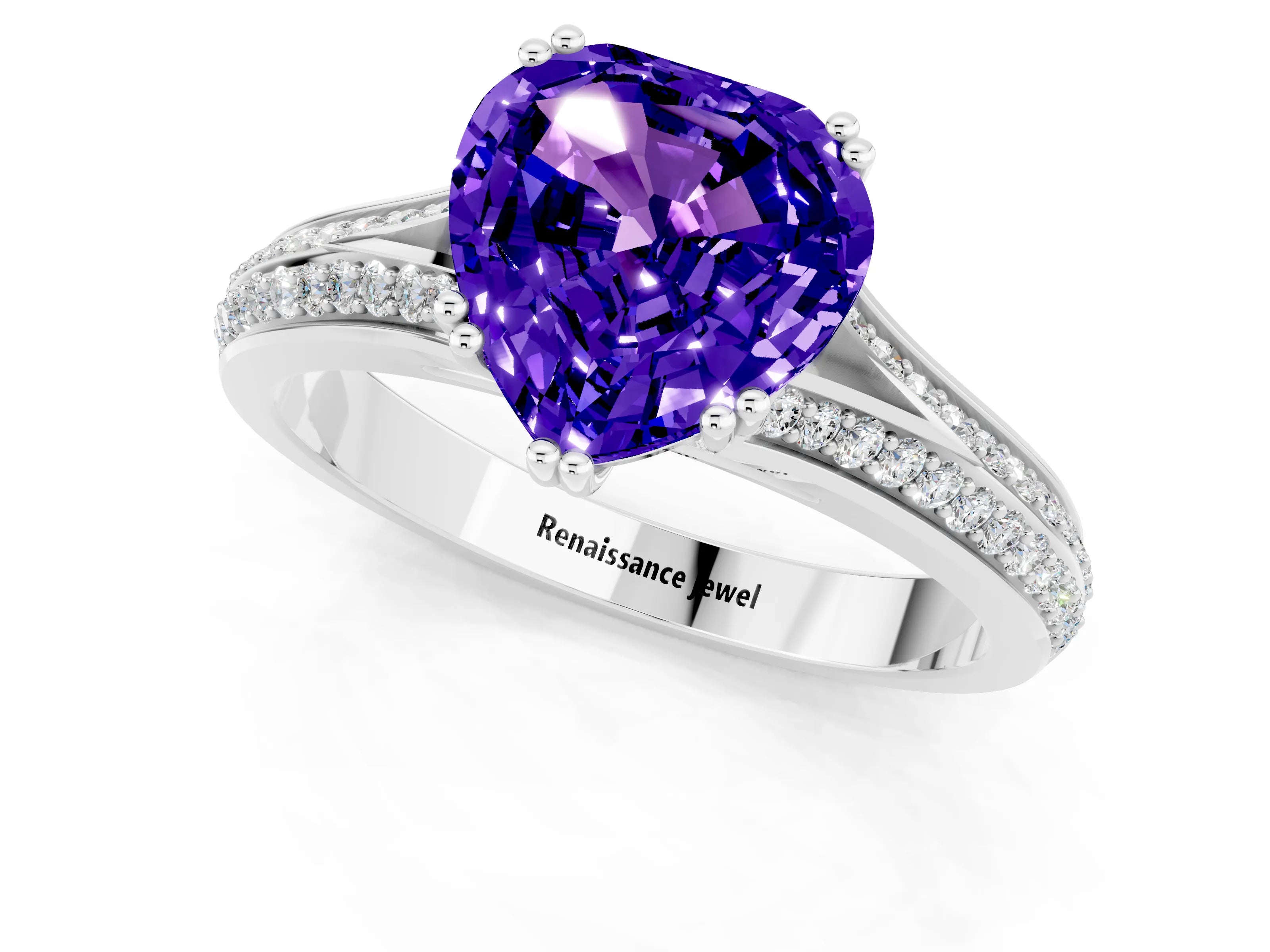 White gold Heart Cut Tanzanite Split Shank Engagement Ring with Pavé Band_1