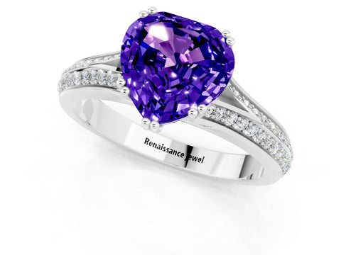 White gold Heart Cut Tanzanite Split Shank Engagement Ring with Pavé Band_1