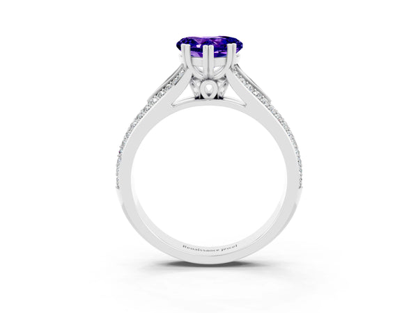 Platinum Heart Cut Tanzanite Split Shank Engagement Ring with Pavé Band