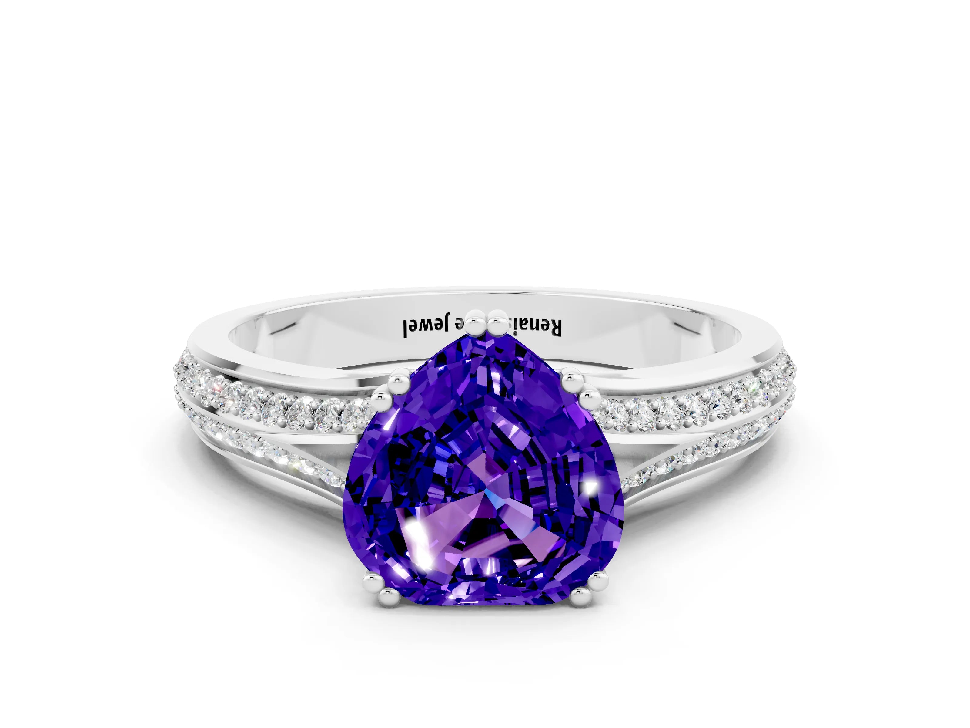 White gold Heart Cut Tanzanite Split Shank Engagement Ring with Pavé Band