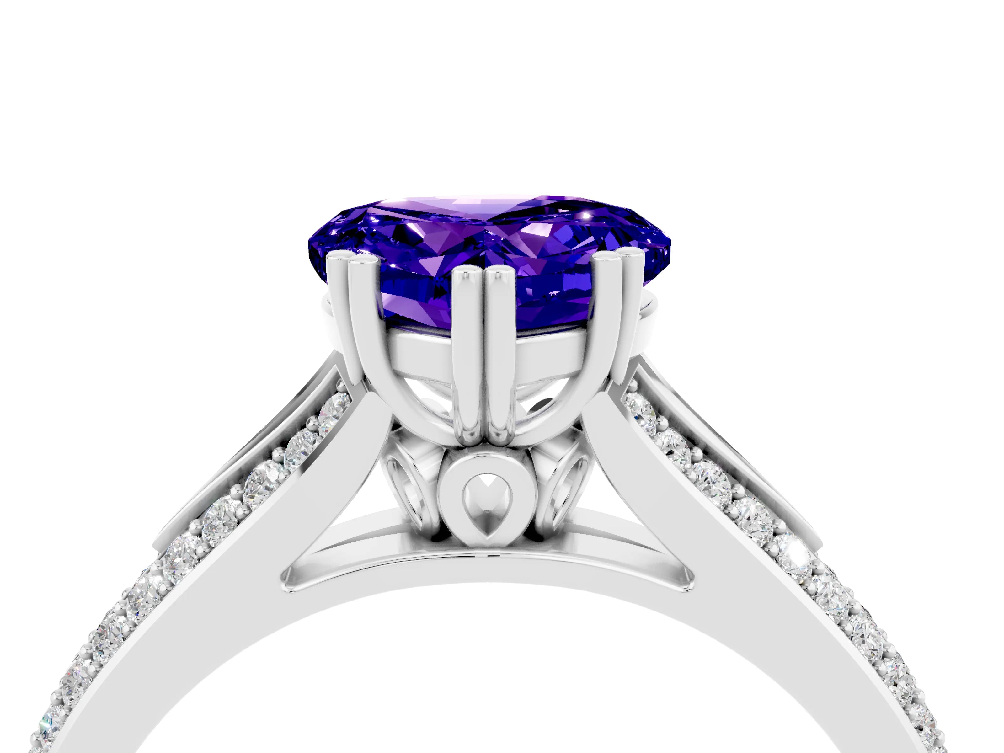 White gold Heart Cut Tanzanite Split Shank Engagement Ring with Pavé Band_4
