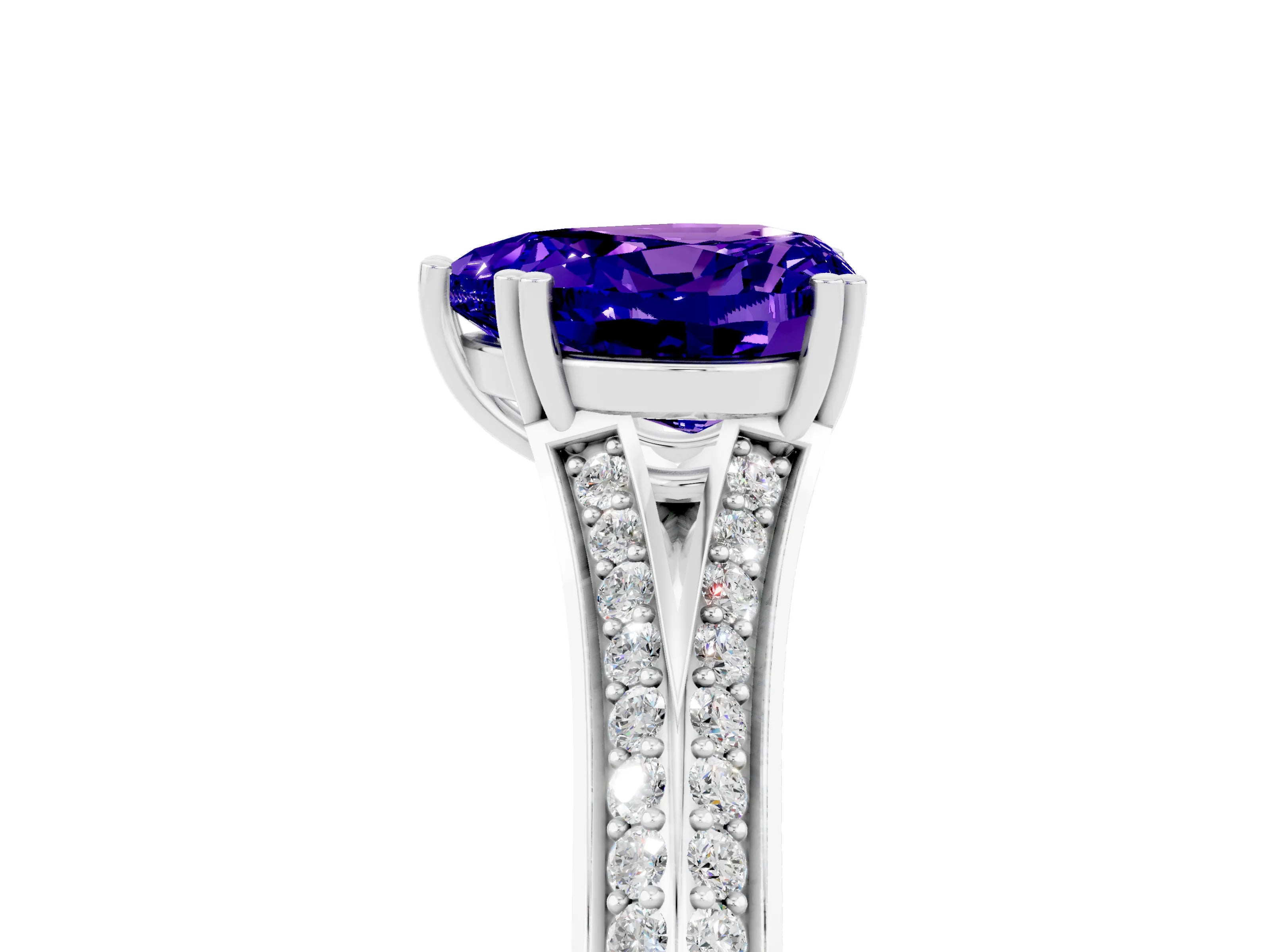 White gold Heart Cut Tanzanite Split Shank Engagement Ring with Pavé Band_5