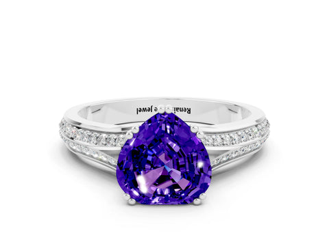 White gold Heart Cut Tanzanite Split Shank Engagement Ring with Pavé Band