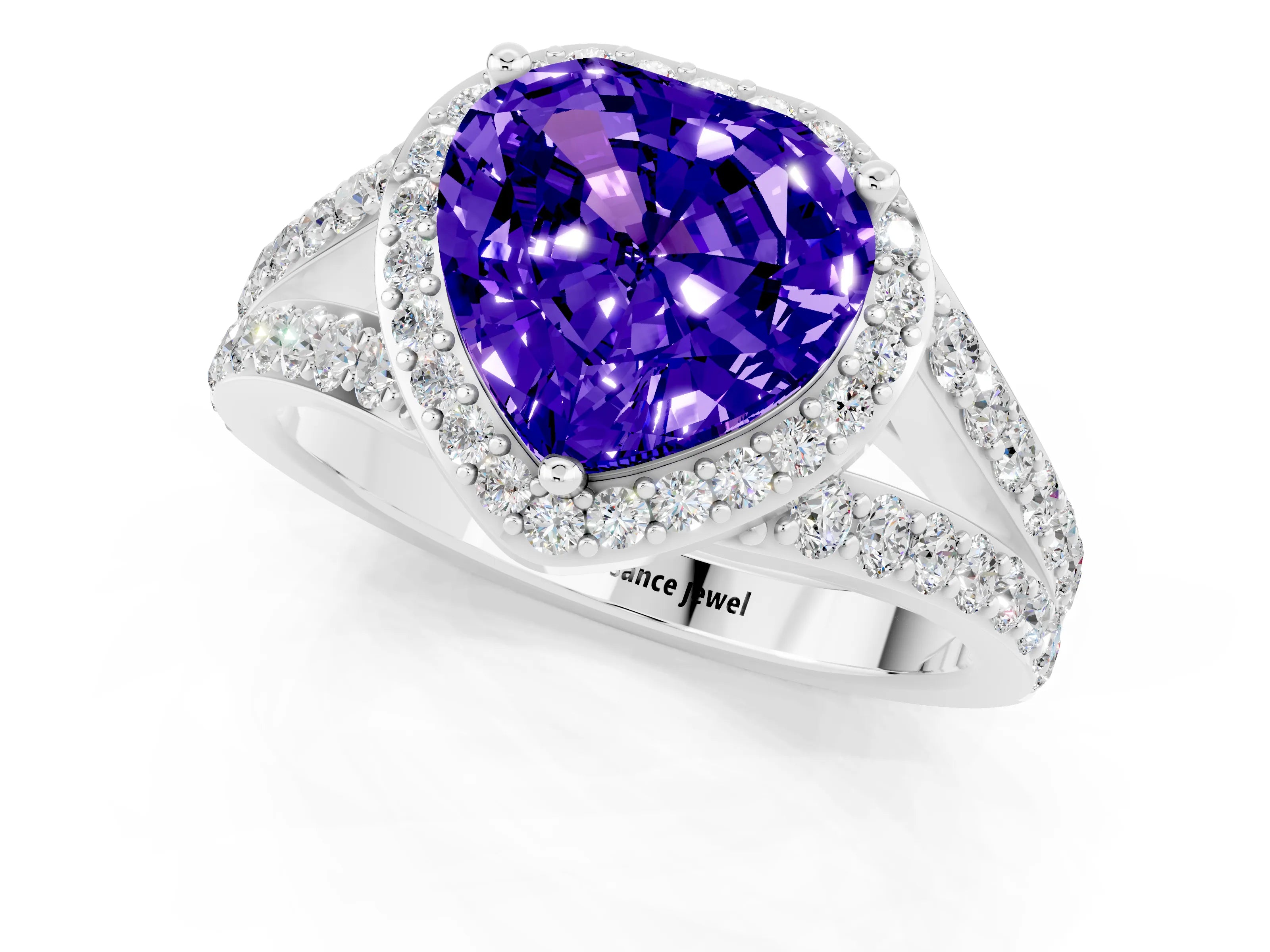 White gold Heart Cut Tanzanite Split Shank Halo Ring with Four-Prong Setting_52