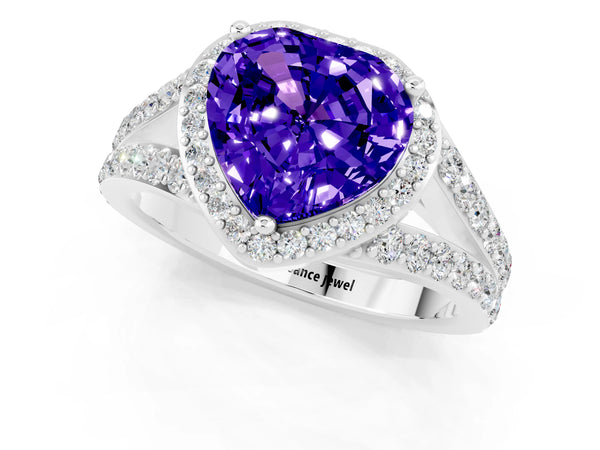 Silver Heart Cut Tanzanite Split Shank Halo Ring with Four-Prong Setting