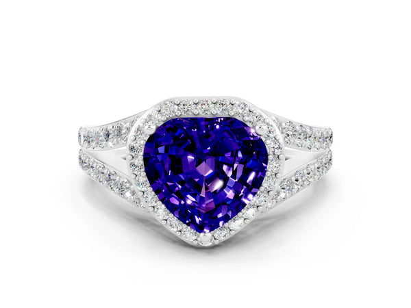 Platinum Heart Cut Tanzanite Split Shank Halo Ring with Four-Prong Setting