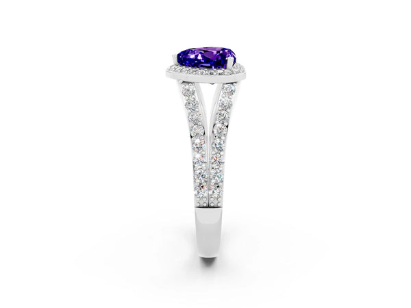 Platinum Heart Cut Tanzanite Split Shank Halo Ring with Four-Prong Setting
