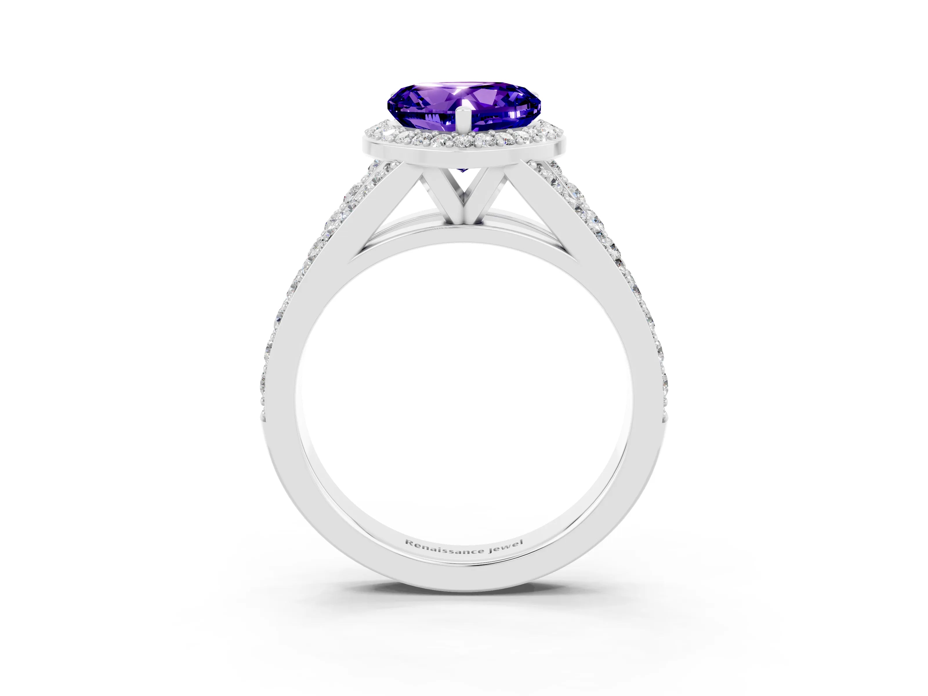 White gold Heart Cut Tanzanite Split Shank Halo Ring with Four-Prong Setting_58