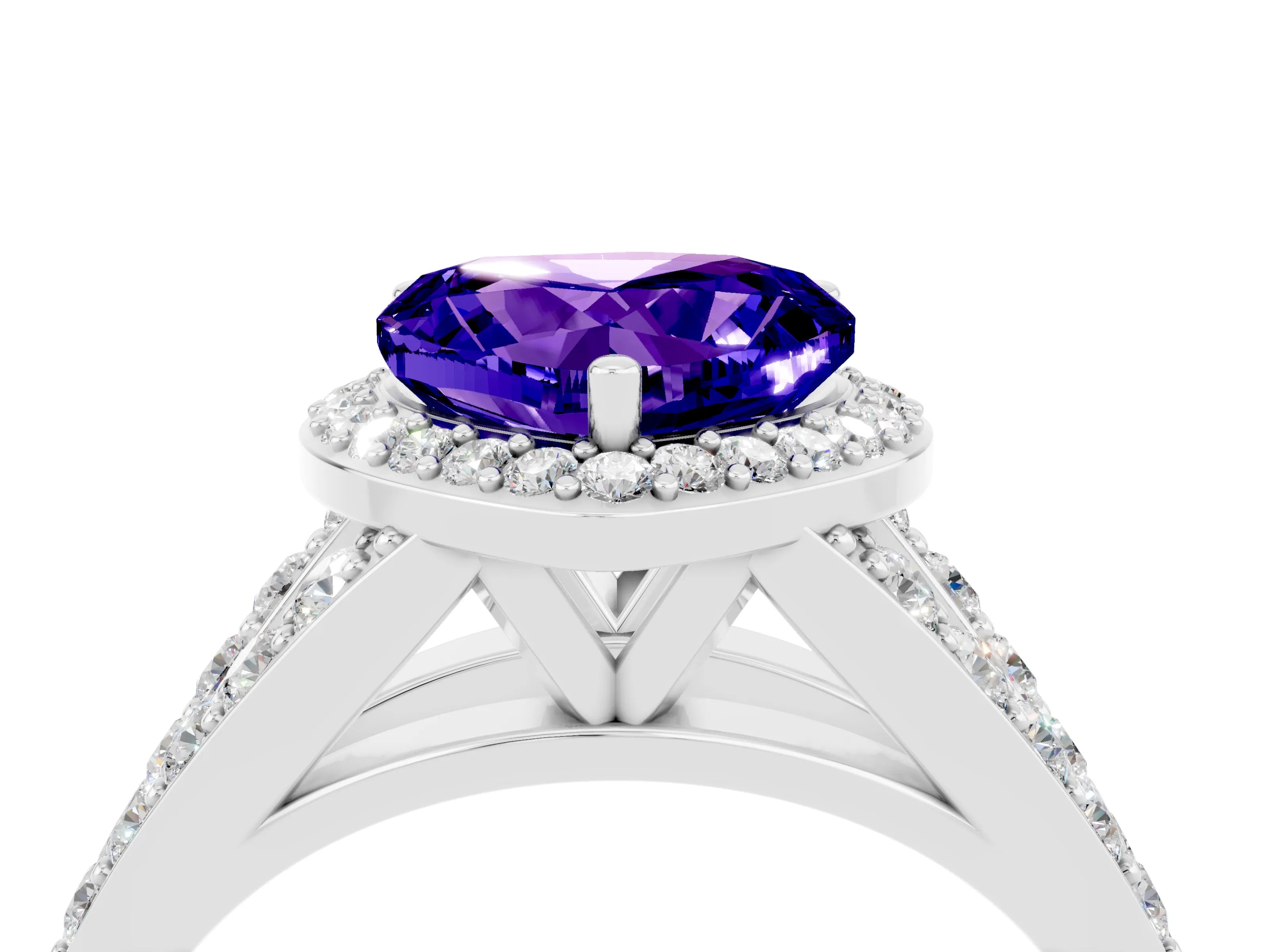 White gold Heart Cut Tanzanite Split Shank Halo Ring with Four-Prong Setting_59