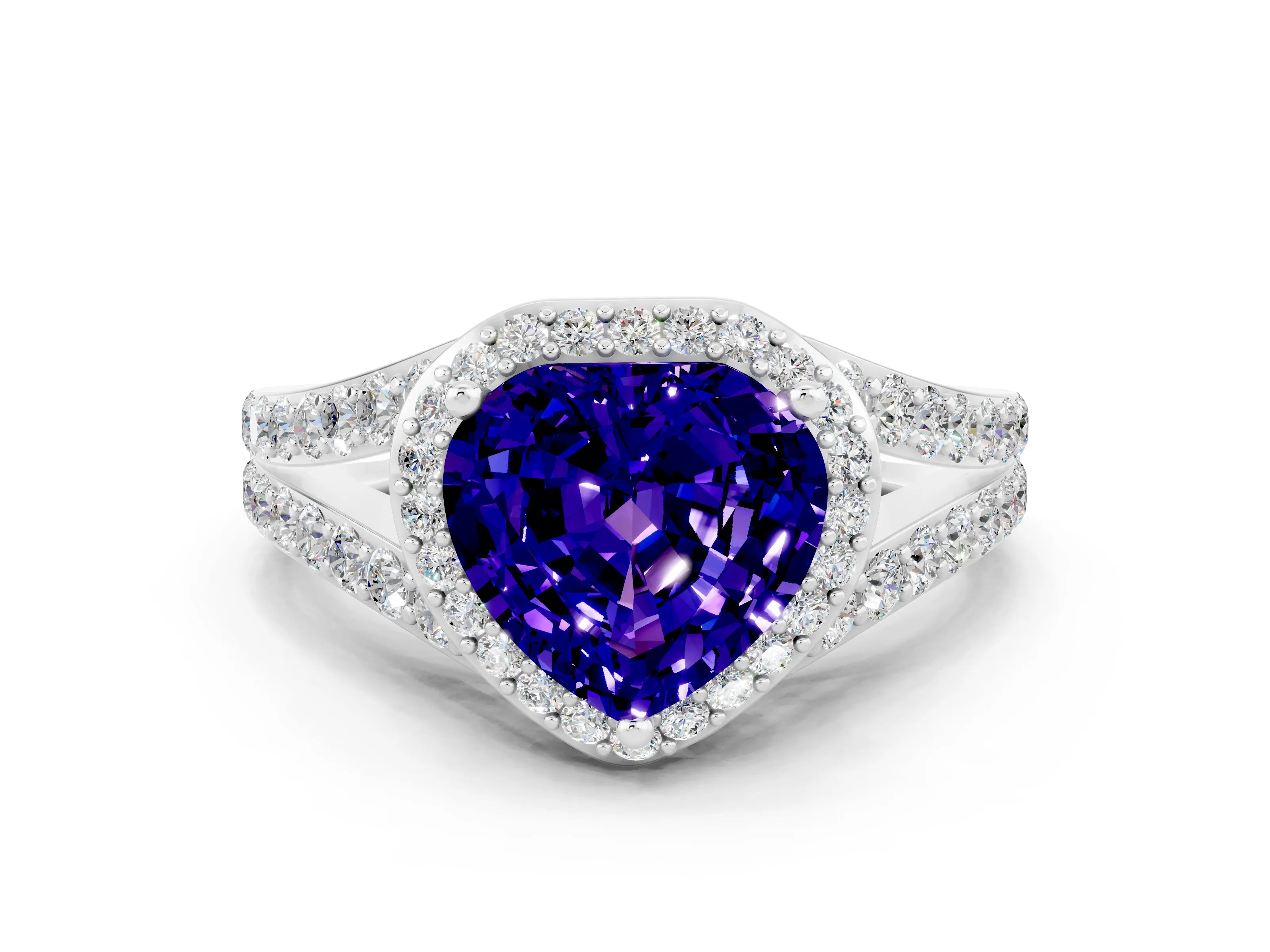 White gold Heart Cut Tanzanite Split Shank Halo Ring with Four-Prong Setting_60