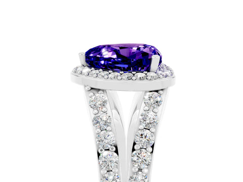 White gold Heart Cut Tanzanite Split Shank Halo Ring with Four-Prong Setting_65