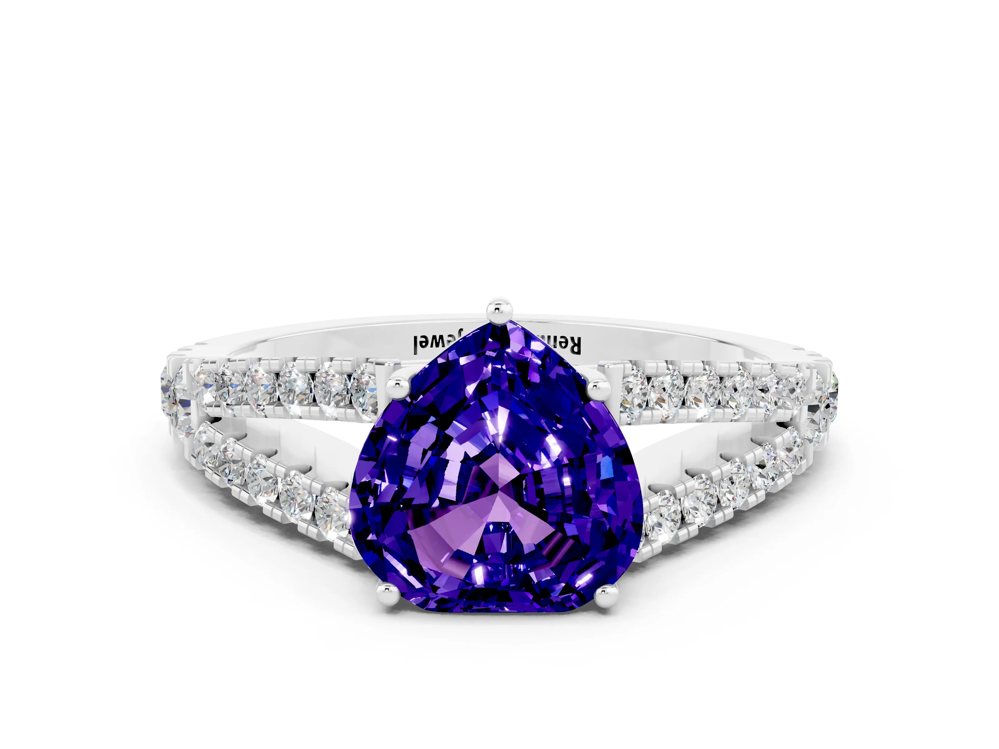 White gold Heart Cut Tanzanite Split Shank Pavé Engagement Ring with Four-Prong Setting_12