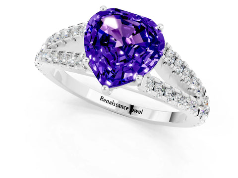 White gold Heart Cut Tanzanite Split Shank Pavé Engagement Ring with Four-Prong Setting_13