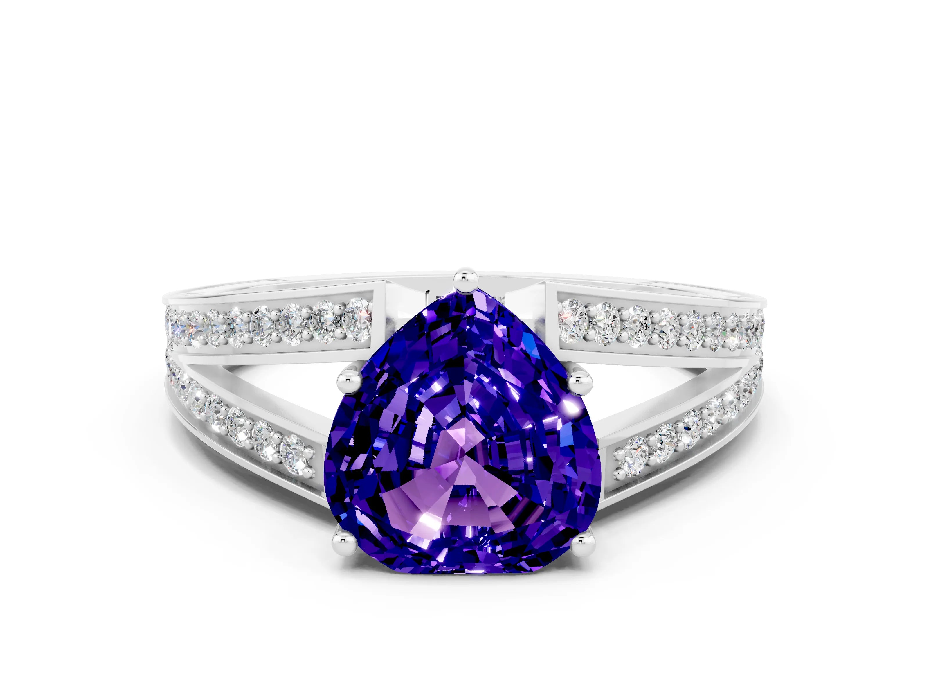 White gold Heart Cut Tanzanite Split Shank Ring with Pavé Band and Four-Prong Setting