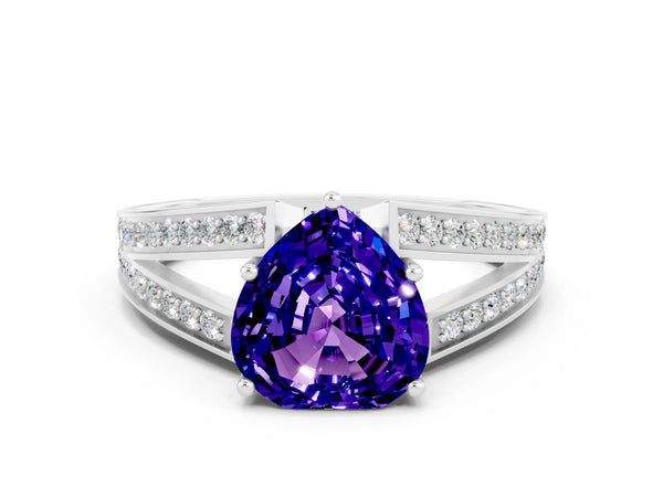 Platinum Heart Cut Tanzanite Split Shank Ring with Pavé Band and Four-Prong Setting