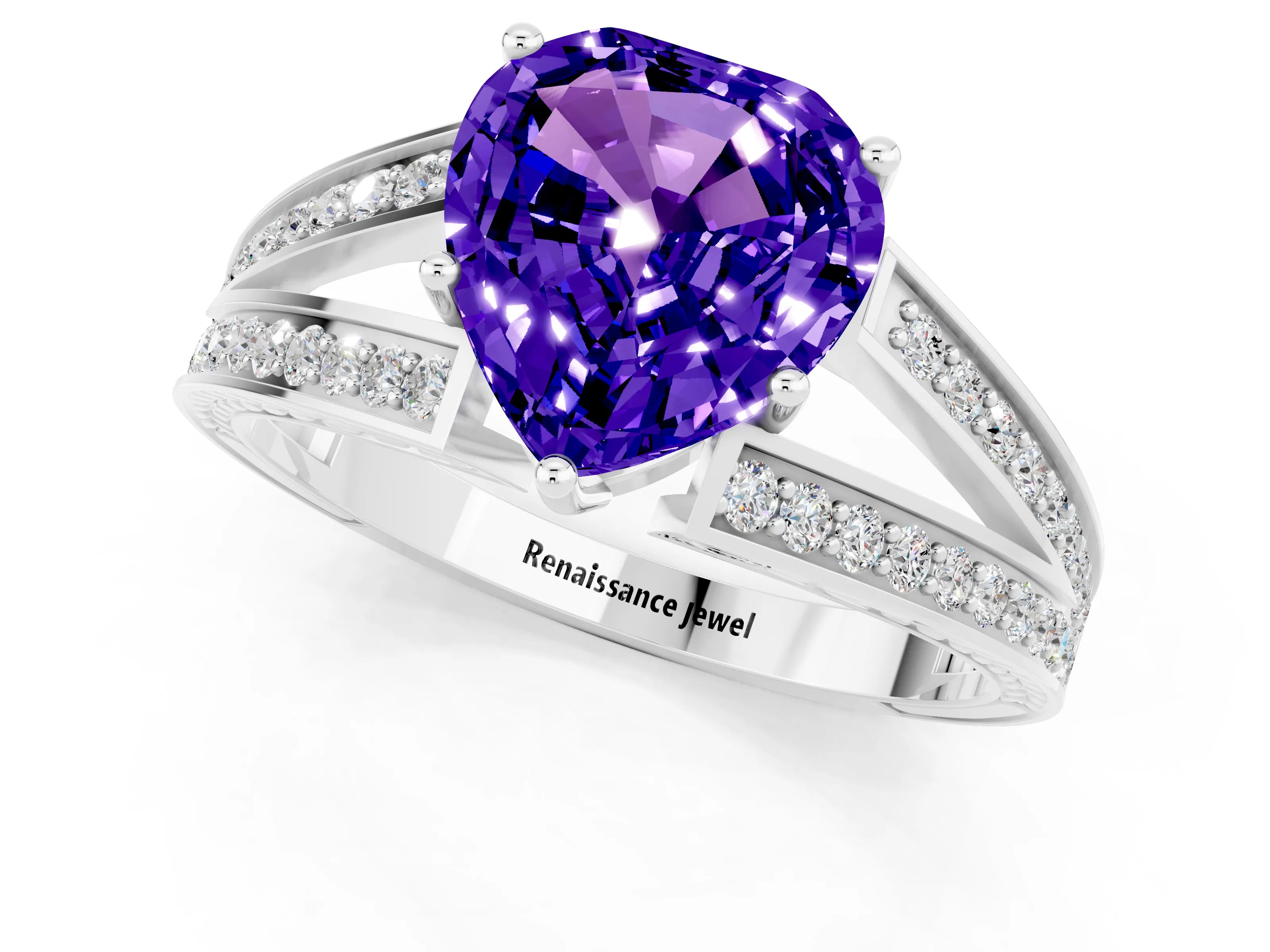 White gold Heart Cut Tanzanite Split Shank Ring with Pavé Band and Four-Prong Setting_1