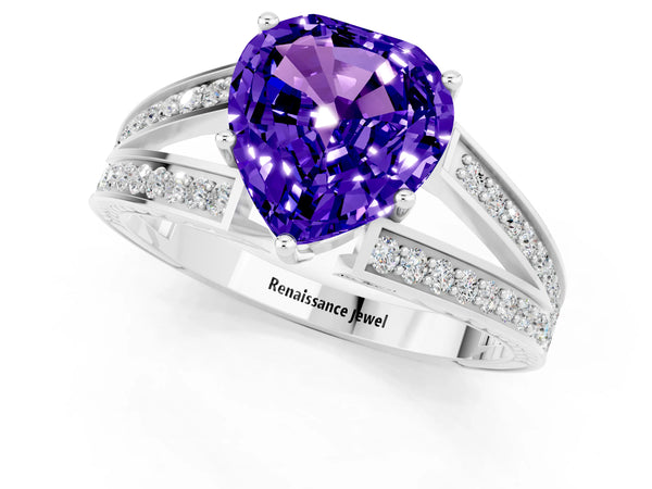 White gold Heart Cut Tanzanite Split Shank Ring with Pavé Band and Four-Prong Setting